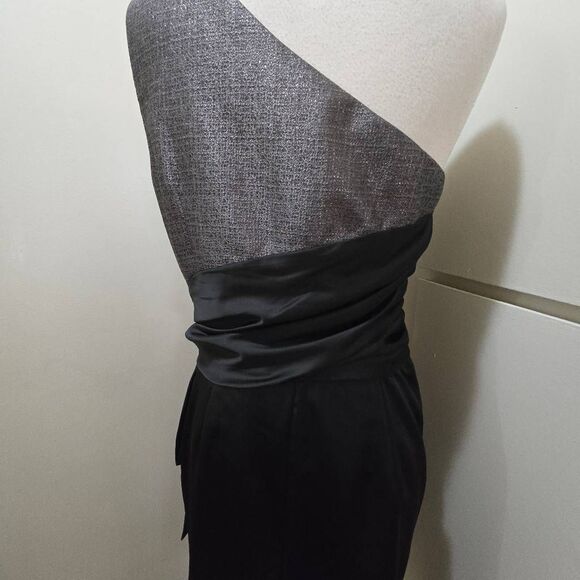 Maggy London Black Satin/Dark Silver Lamé Cocktail 1 Shoulder Dress, EUC, S.14 - Picture 8 of 13